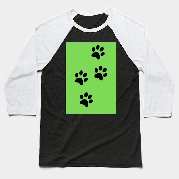 Black Pawprints on Light Green Baseball T-Shirt by Blue Butterfly Designs 